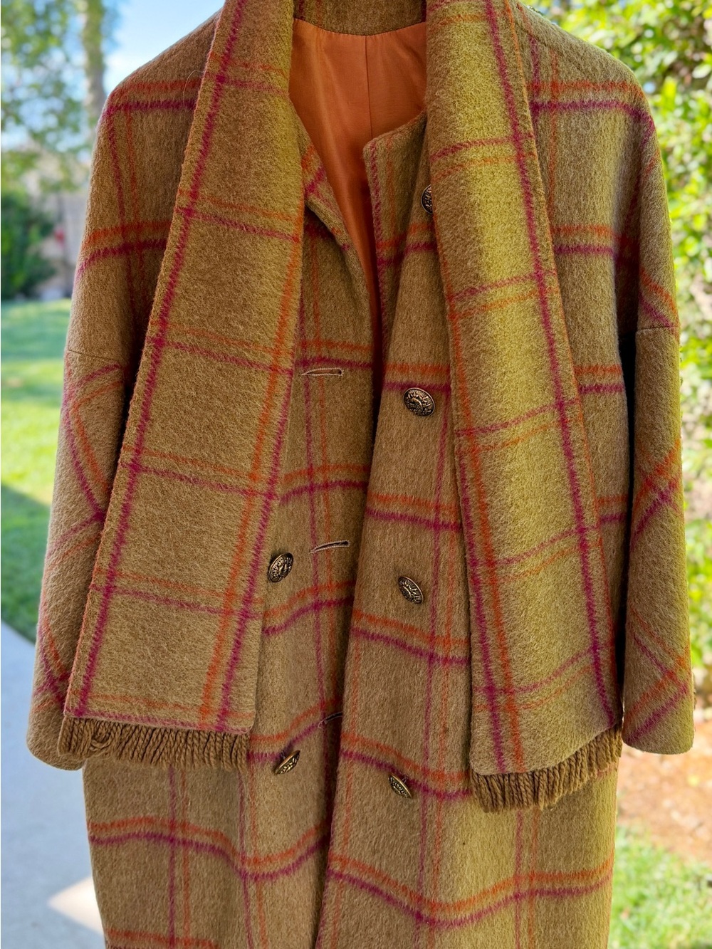 Vintage Handmade Wool Blend Plaid Coat & Scarf - Camel
